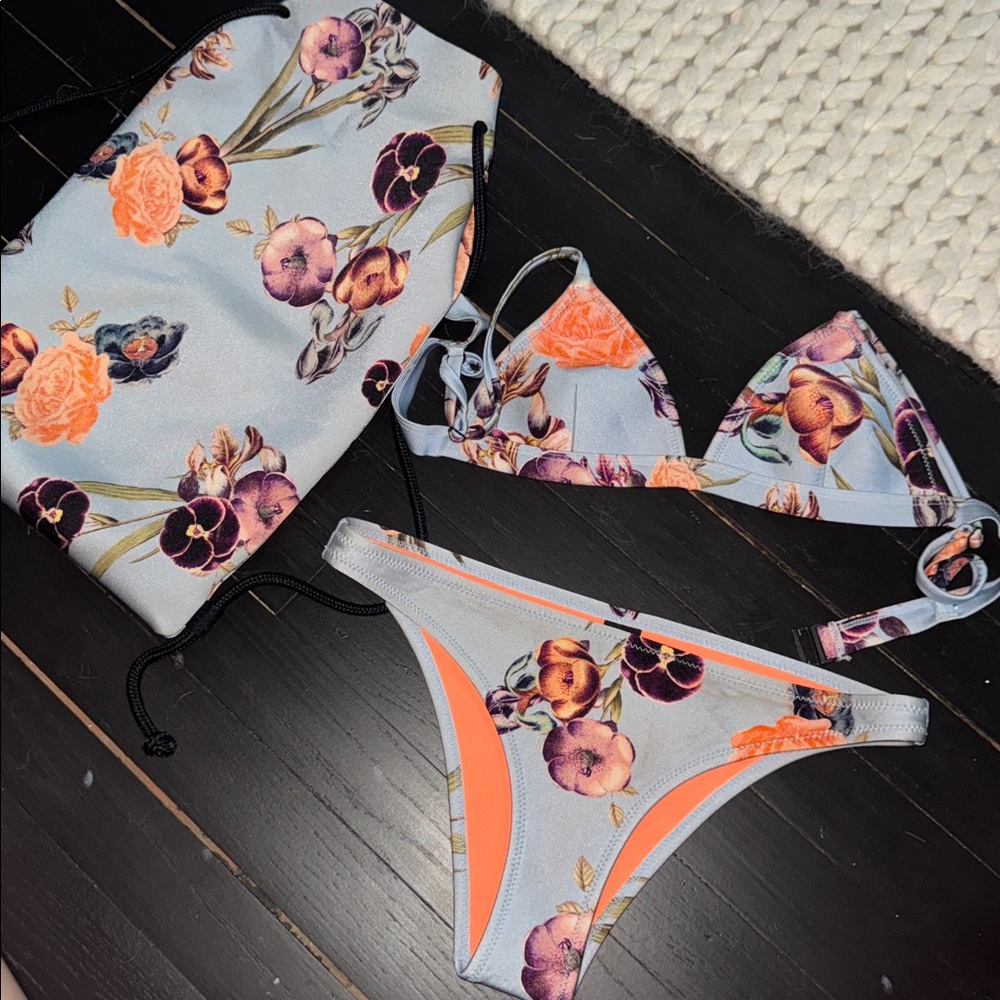 Triangl Swimwear Light Blue Floral Bikini Set - S Top, L Cheeky Bottom, & Bag!